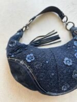 Vintage Y2K Coach Flower Navy Wool Croissant Shoulder Bag - Image 3