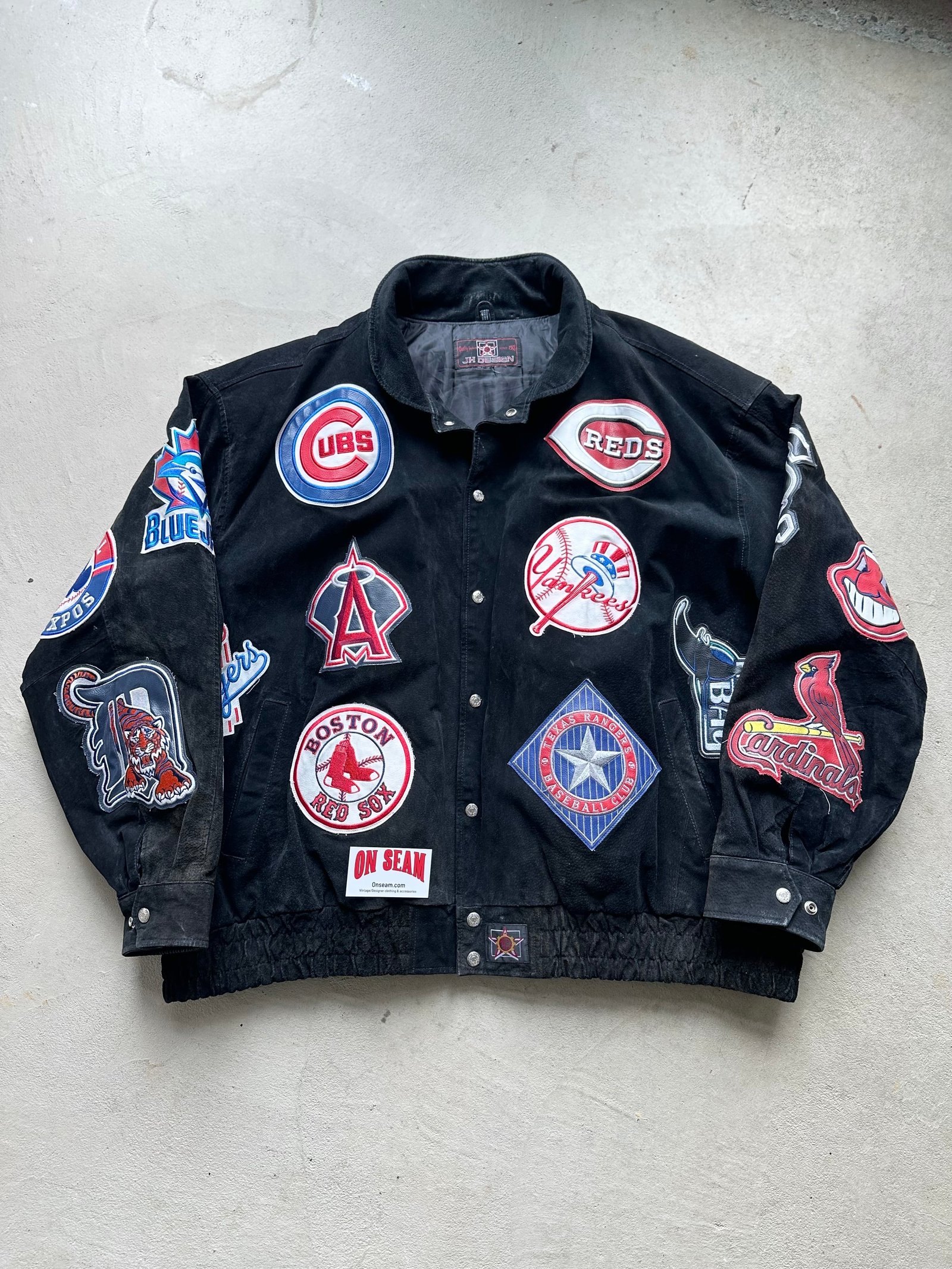 A4090316-BA7D-4688-8F49-A3AB96EC6165 Rare Vintage 90s Jeff Hamilton MLB Suede Patchwork Jacket - XXL - Image 1