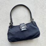 Vintage Fendi Mama Style Double Strap Black Nylon Shoulder Bag