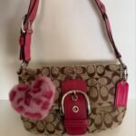 vintage authentic coach tan signature & pink leather soho shoulder bag with braided strap 🩷 two front pockets ✨