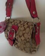 vintage authentic coach tan signature & pink leather soho shoulder bag with braided strap 🩷 two front pockets ✨ - Image 6